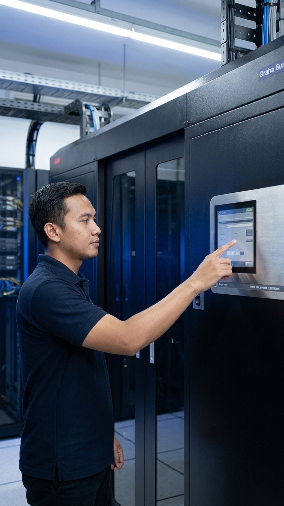A GSPE engineer in a blue shirt working at an open rack, wiring and servicing equipment inside the cabinet