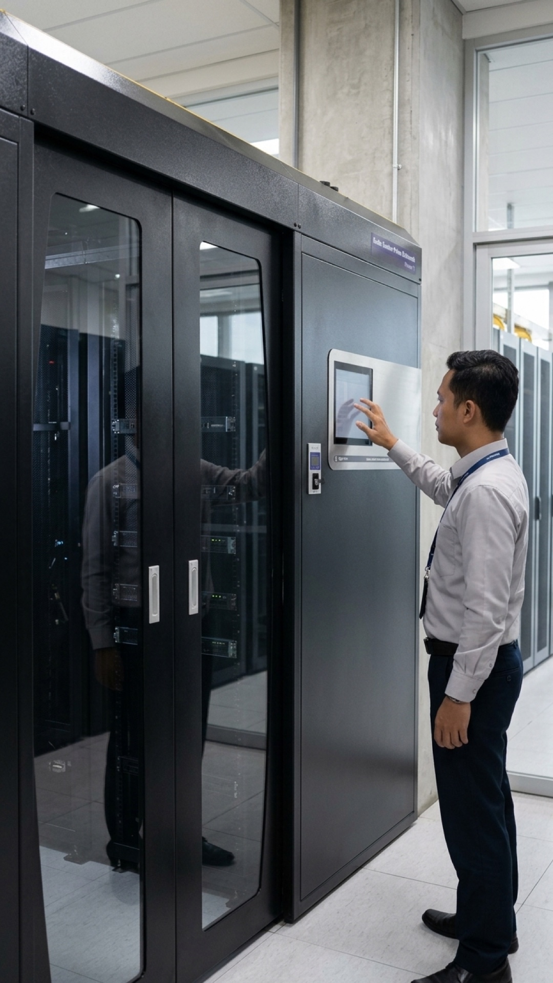 A dark GSPE rack enclosure shown in profile, sealed front door and clean cable management, the hardware behind the three pillars