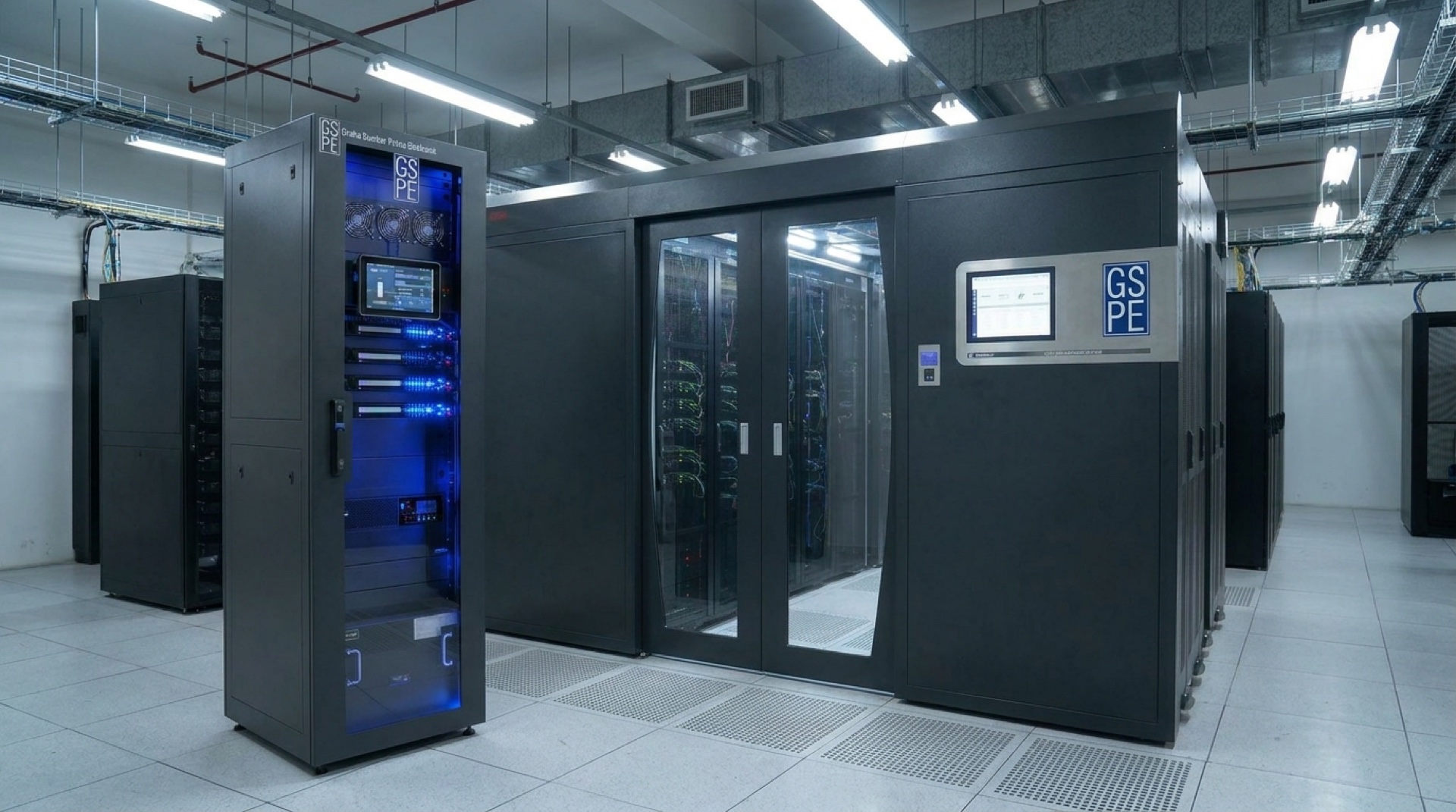 A GSPE smart rack with a blue-lit interior standing beside glass aisle-containment doors in a white data hall